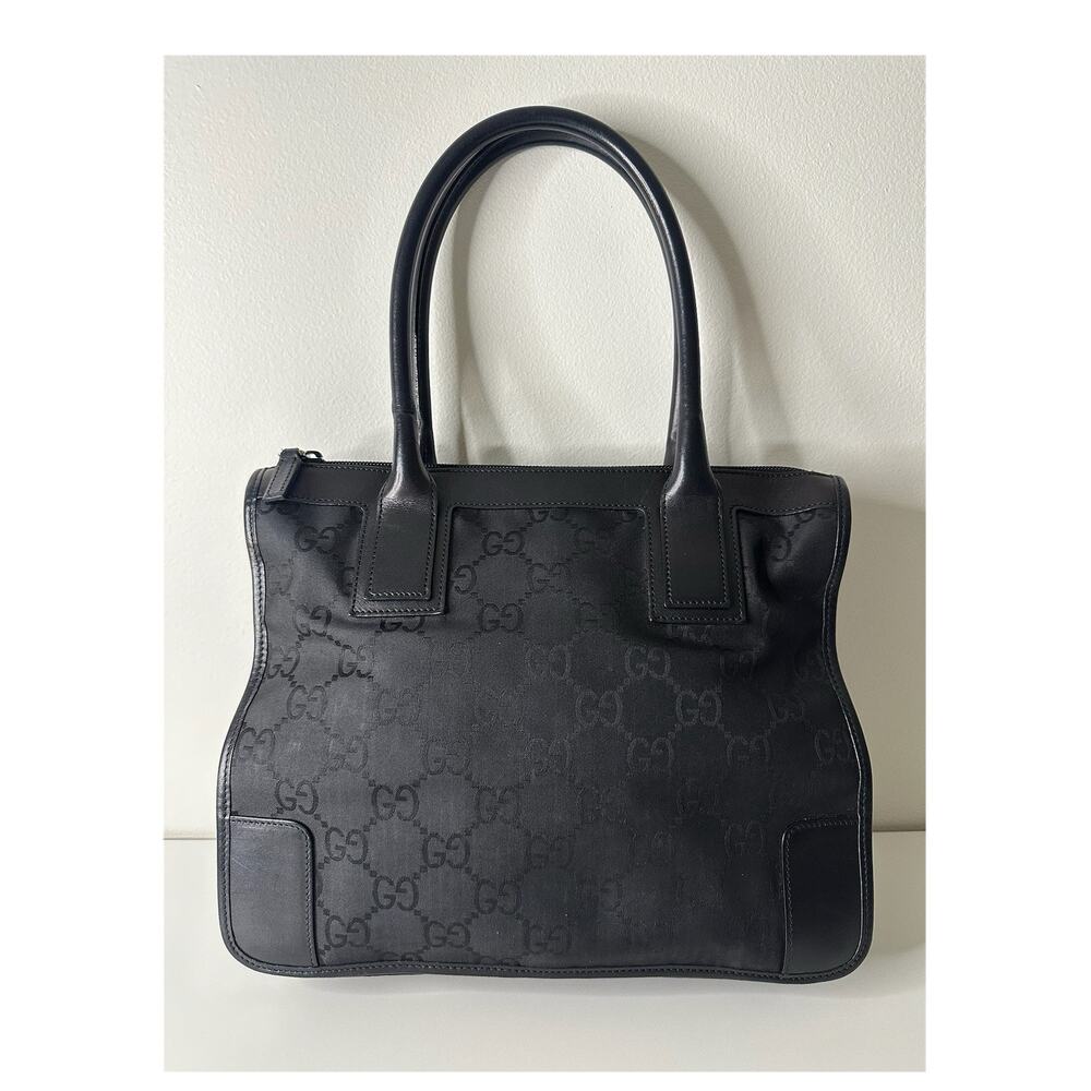 Gucci GG Monogram Nylon Tote Bag Black Leather Trim Zip Top Shoulder Bag Italy
